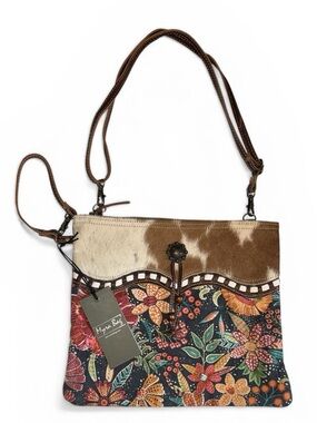 Myra Bag Dusa Brown Multi Floral Leather & Haircalf Crossbody Bag with Wristlet